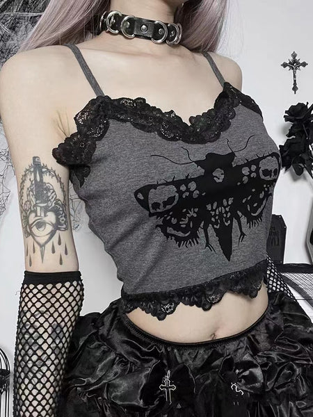 Goth Lace Edge Moth Grey Cami Top