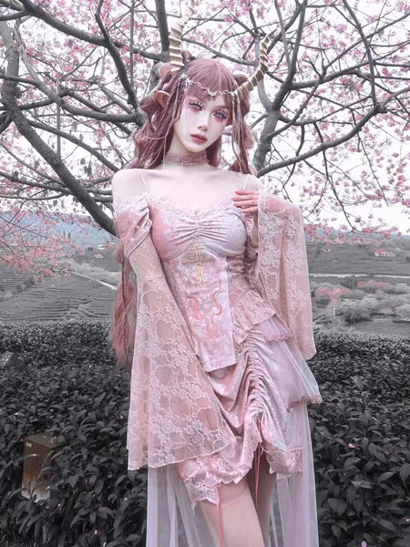 Pastel Goth Sakura Pink Lace Edge Cold Shoulder Top and Skirt