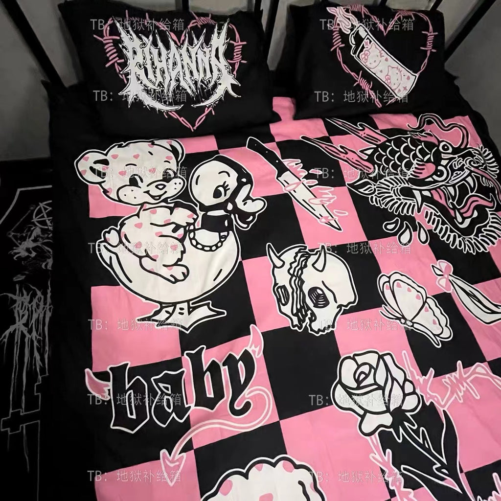 Kawaii Goth Black and Pink Bedding Duvet Cover Set 4 PCs Single Twin Queen King Size