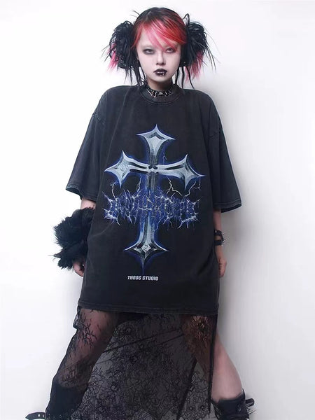 Cyber Goth Cross Distressed Printing Oversized Black T-shirt Tee