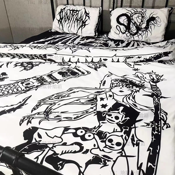 Goth Black and White Animate Bedding Duvet Cover Set 4 PCs Single Twin Queen King Size