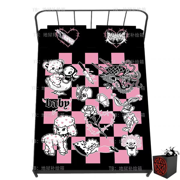 Kawaii Goth Black and Pink Bedding Duvet Cover Set 4 PCs Single Twin Queen King Size