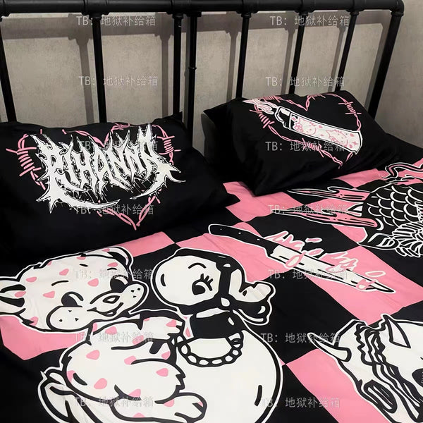 Kawaii Goth Black and Pink Bedding Duvet Cover Set 4 PCs Single Twin Queen King Size