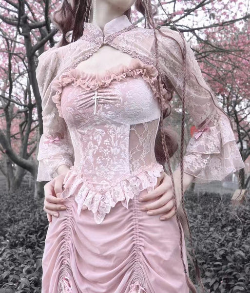 Pastel Goth Sakura Pink Lace Edge High-Low Cami Dress with Detached Sleeves 【Shrug Not Included】