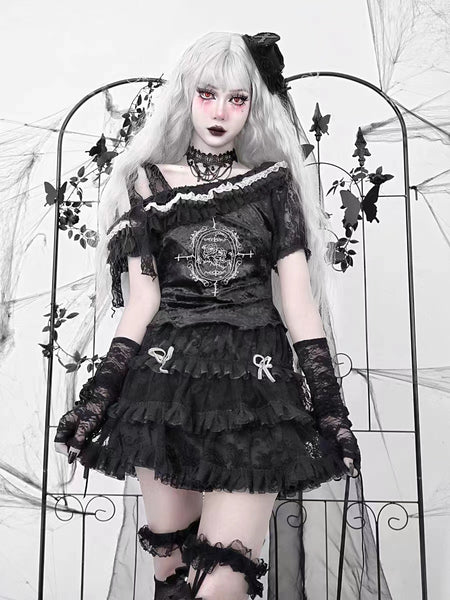 Goth Black Doll-like Lace Short Sleeve Top