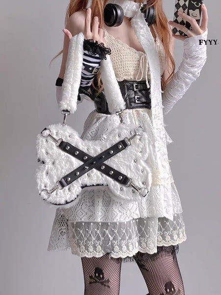 Punk Grunge Plush Bone Shaped Studded Shoulder Bag/ Crossbody Bag in Black and White