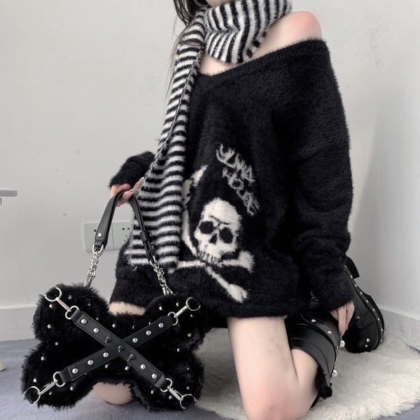 Punk Grunge Plush Bone Shaped Studded Shoulder Bag/ Crossbody Bag in Black and White