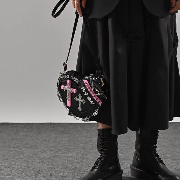 Y2K Kawaii Goth Punk Studded Heart Shaped Pink and Black Crossbody Bag