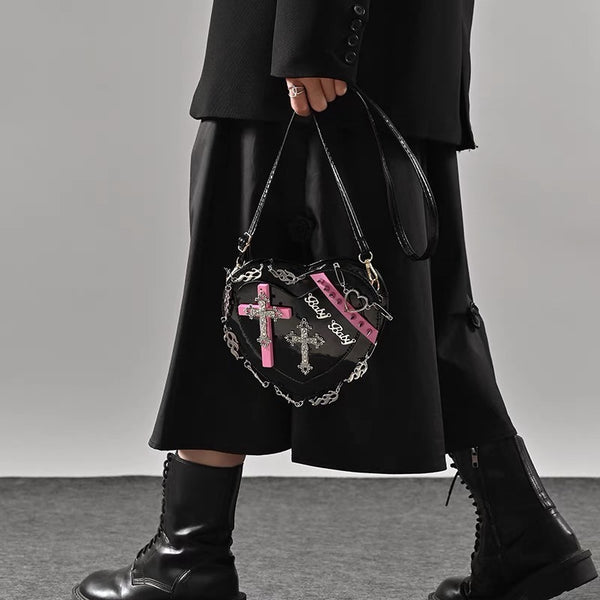 Y2K Kawaii Goth Punk Studded Heart Shaped Pink and Black Crossbody Bag