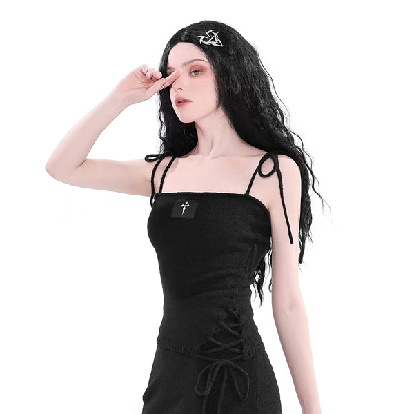 Alternative Goth Shoulder Tie Top and Feather Edge Tie Corner Skirt 2 PCs Set Black and Cream