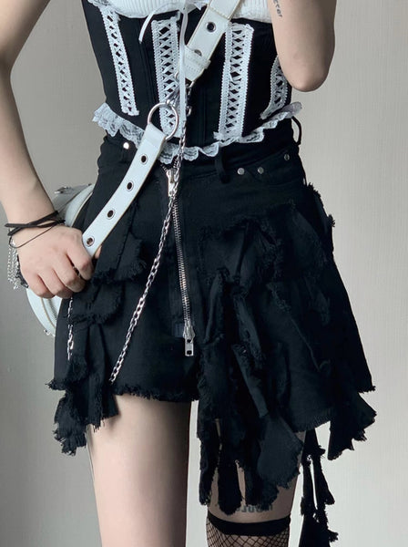 Black White and Red Distressed Denim Skirt