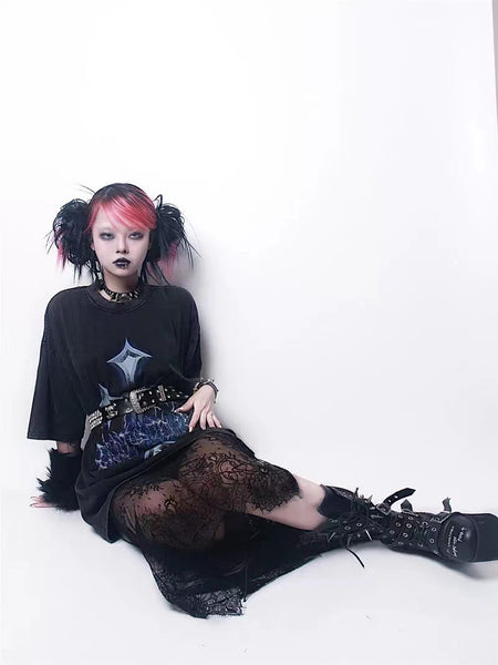 Cyber Goth Cross Distressed Printing Oversized Black T-shirt Tee