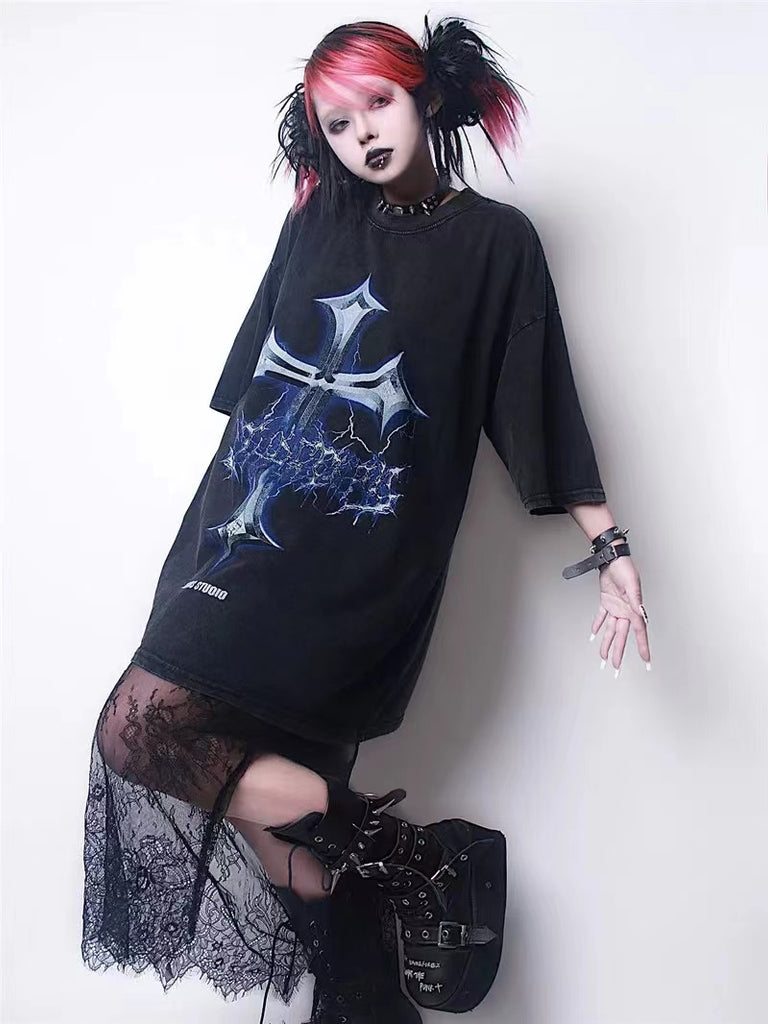 Cyber Goth Cross Distressed Printing Oversized Black T-shirt Tee