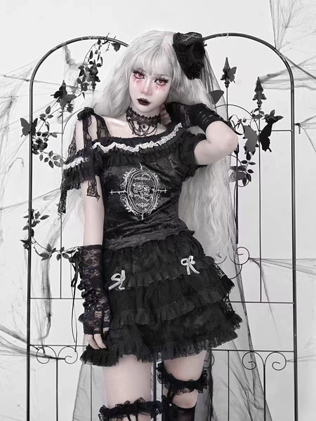 Goth Black Doll-like Lace Short Sleeve Top