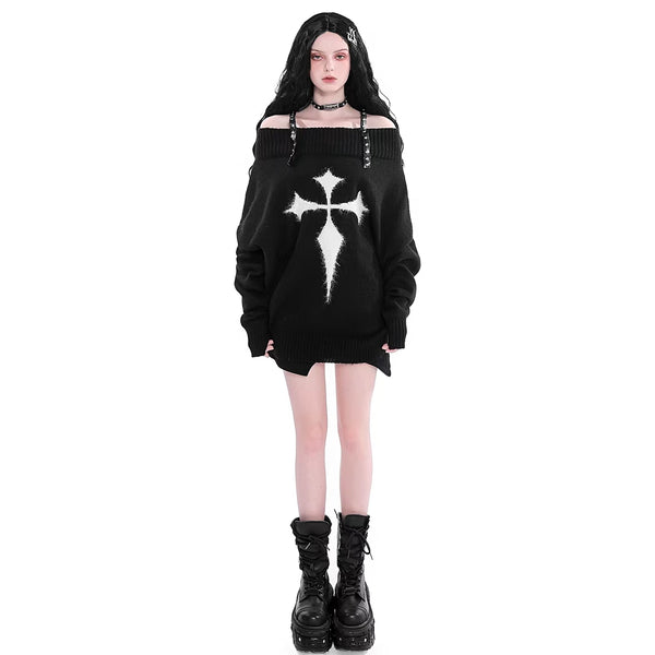 Kawaii Goth Black and White Studded Shoulder Strap Off the Shoulder Oversized Sweater