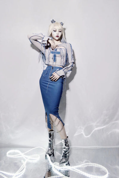 Pastel Goth Blue Distressed with Tassel Long Sleeve Top and Waist Cut-out Pencil Skirt