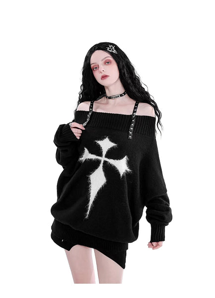 Kawaii Goth Black and White Studded Shoulder Strap Off the Shoulder Oversized Sweater