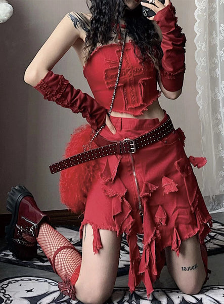 Black White and Red Distressed Denim Skirt