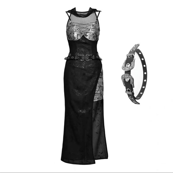 Goth Punk Grunge Alternative Black Split Thigh Sling Dress,  Slip-on Sleeves and bolero shrug