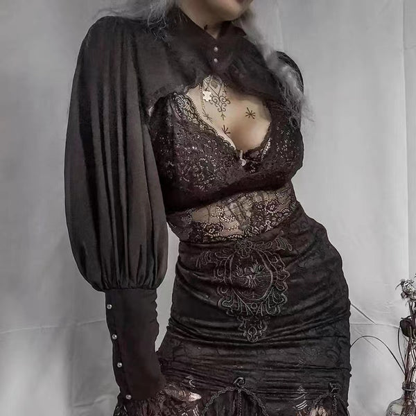 Goth Black Lace Long Sleeve Shrug Bolero