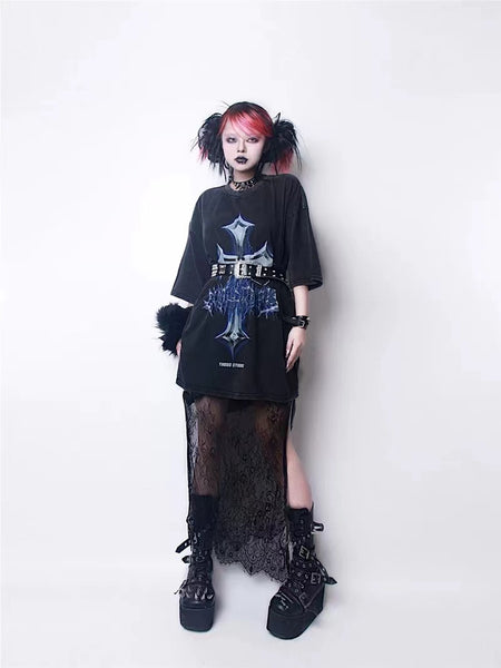 Cyber Goth Cross Distressed Printing Oversized Black T-shirt Tee