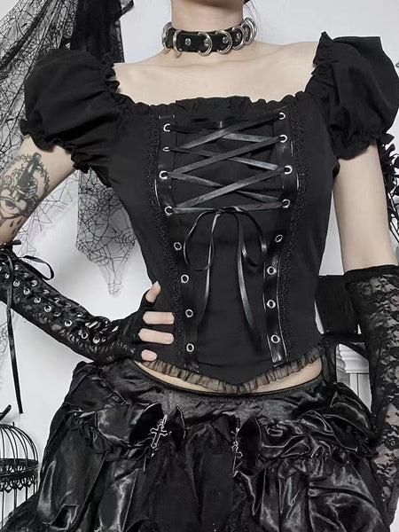 Goth Dark Aesthetic Black Lace-up Front Lettuce Edge Short Sleeves Top