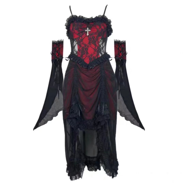 Vampire Romantic Goth Black and Red Lace Edge Mesh High-Low Maxi Dress with Detached Sleeves