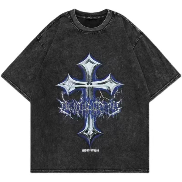 Cyber Goth Cross Distressed Printing Oversized Black T-shirt Tee