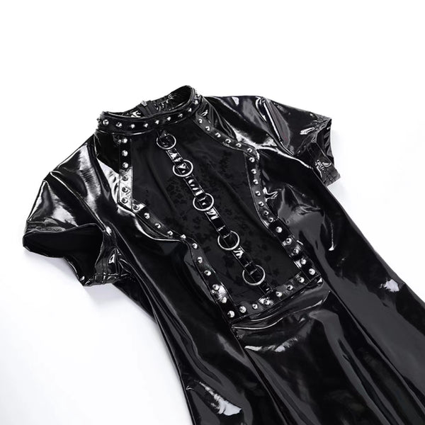 Goth Patent Leather Studded Short Sleeve Body-con Dress