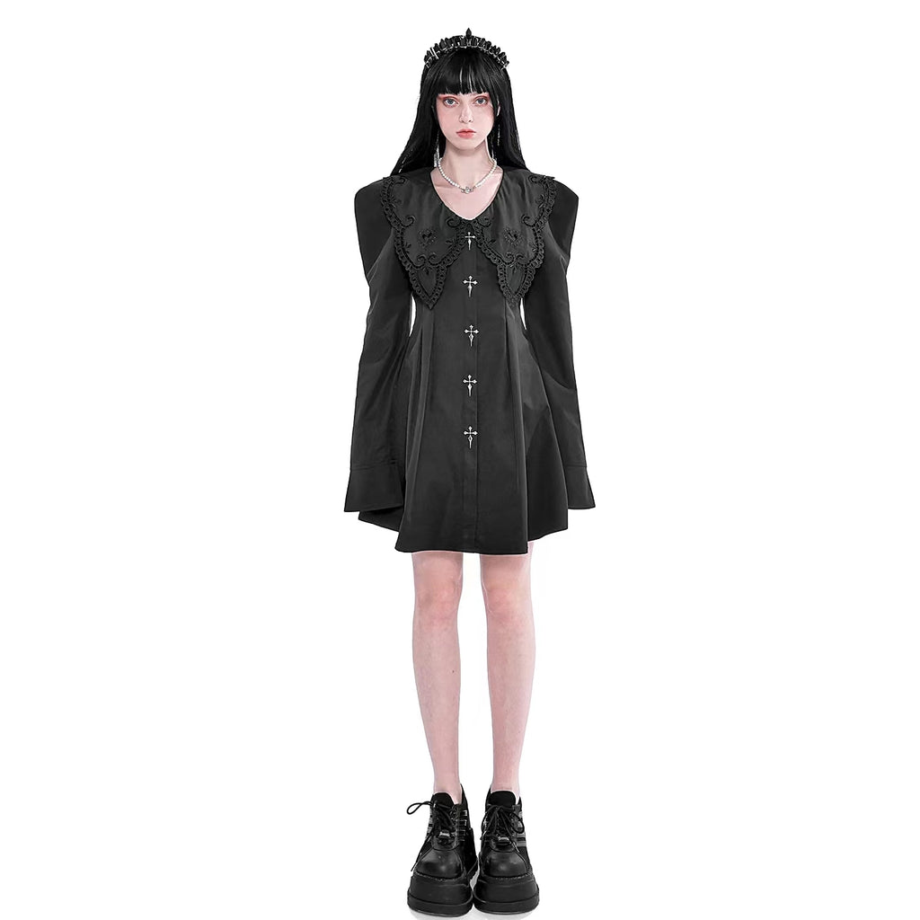 Kawaii Goth Collared Poplin Long Sleeve Puff Shoulder Dress