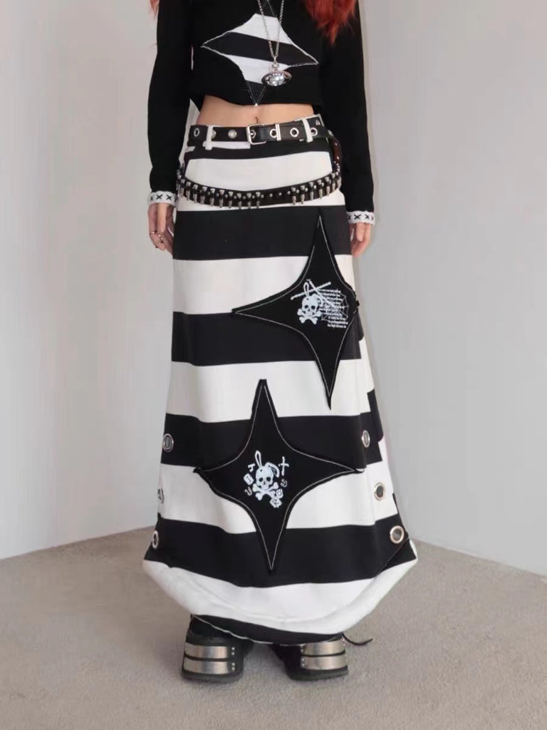 Punk Black and White Skeleton Striped Maxi Skirt