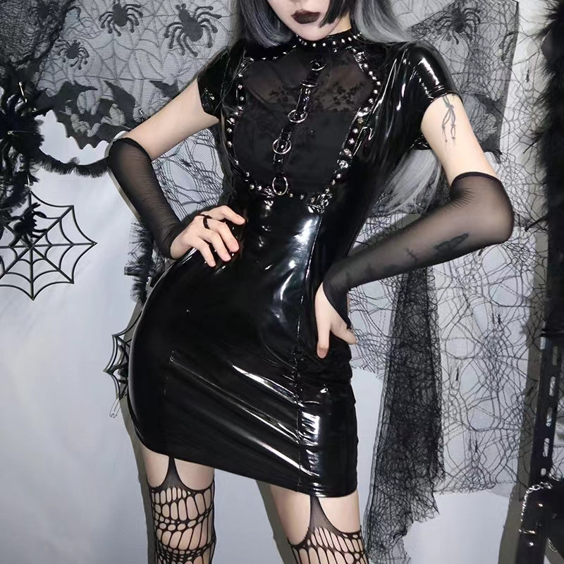 Goth Patent Leather Studded Short Sleeve Body-con Dress