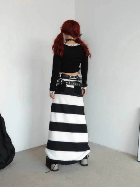 Punk Black and White Skeleton Striped Maxi Skirt