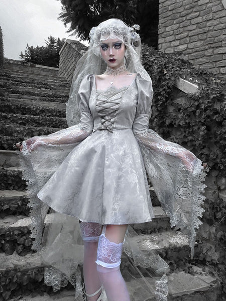 White Goth Grey Victorian Vintage Lace Edge High-Low Dress