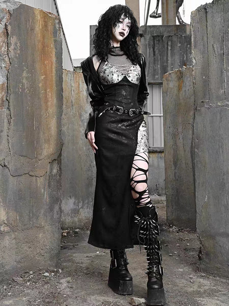 Goth Punk Grunge Alternative Black Split Thigh Sling Dress,  Slip-on Sleeves and bolero shrug