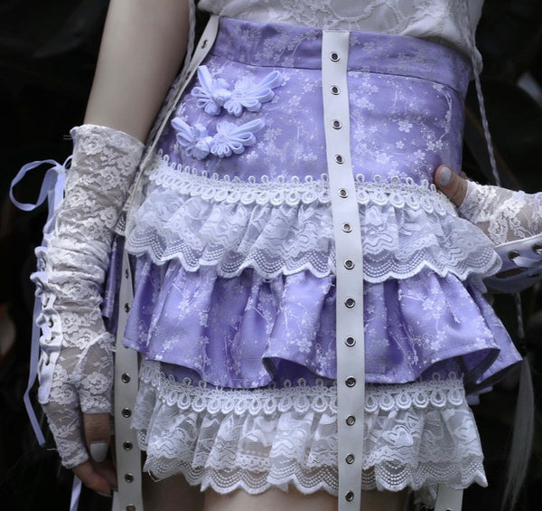 Chinese Purple Soft Goth Lace Edge Skirt with Suspenders