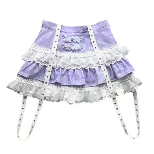 Chinese Purple Soft Goth Lace Edge Skirt with Suspenders