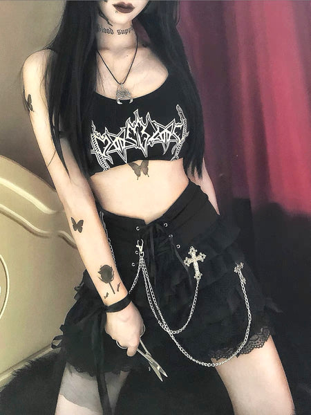Goth Black Lace Edge Ruffled Shorts with Chain