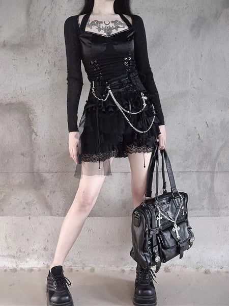 Goth Black Lace Edge Ruffled Shorts with Chain