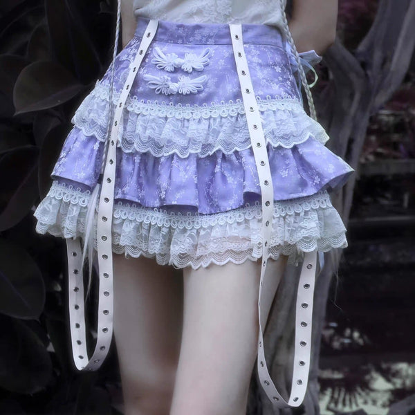 Chinese Purple Soft Goth Lace Edge Skirt with Suspenders